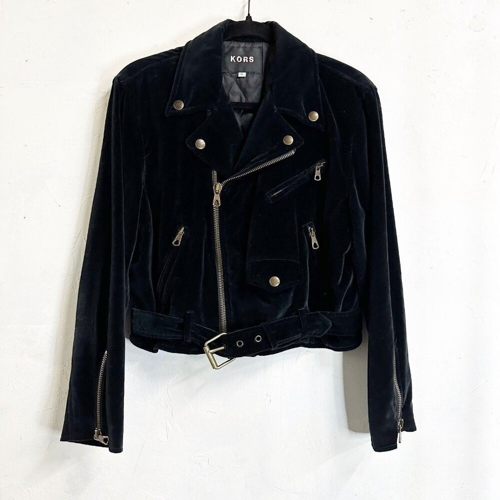 Vintage Kors Velvet Biker Jacket Black Moto Y2K Belted Grunge Womens Small